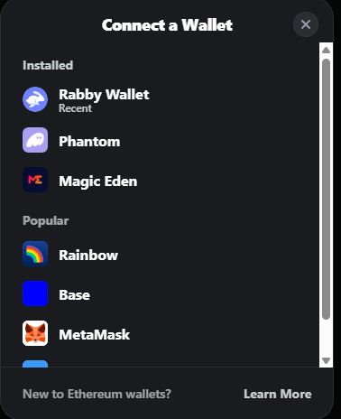 Gyre's Connect a Wallet modal — Rabby Wallet, Phantom, Magic Eden installed, plus Rainbow, Base, MetaMask, and more under Popular